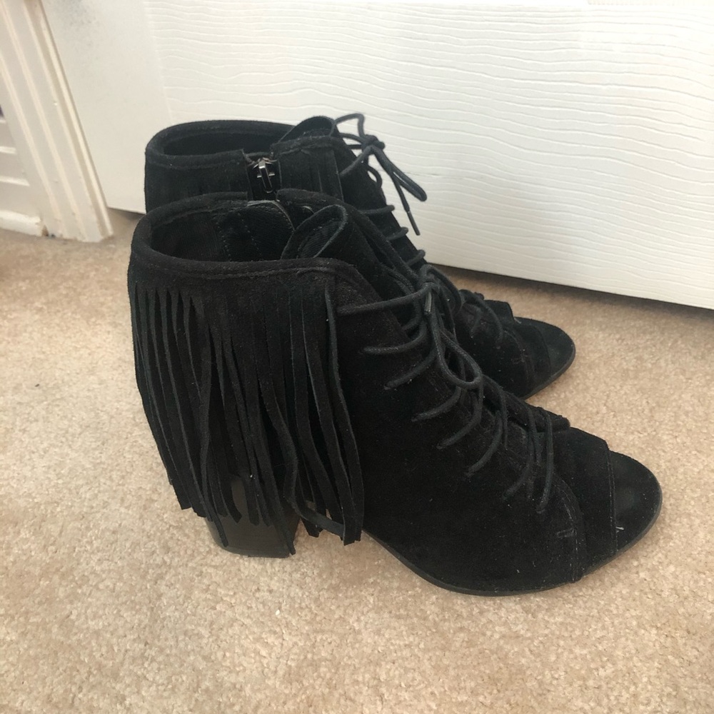 Steve Madden fringe suede bootie heels